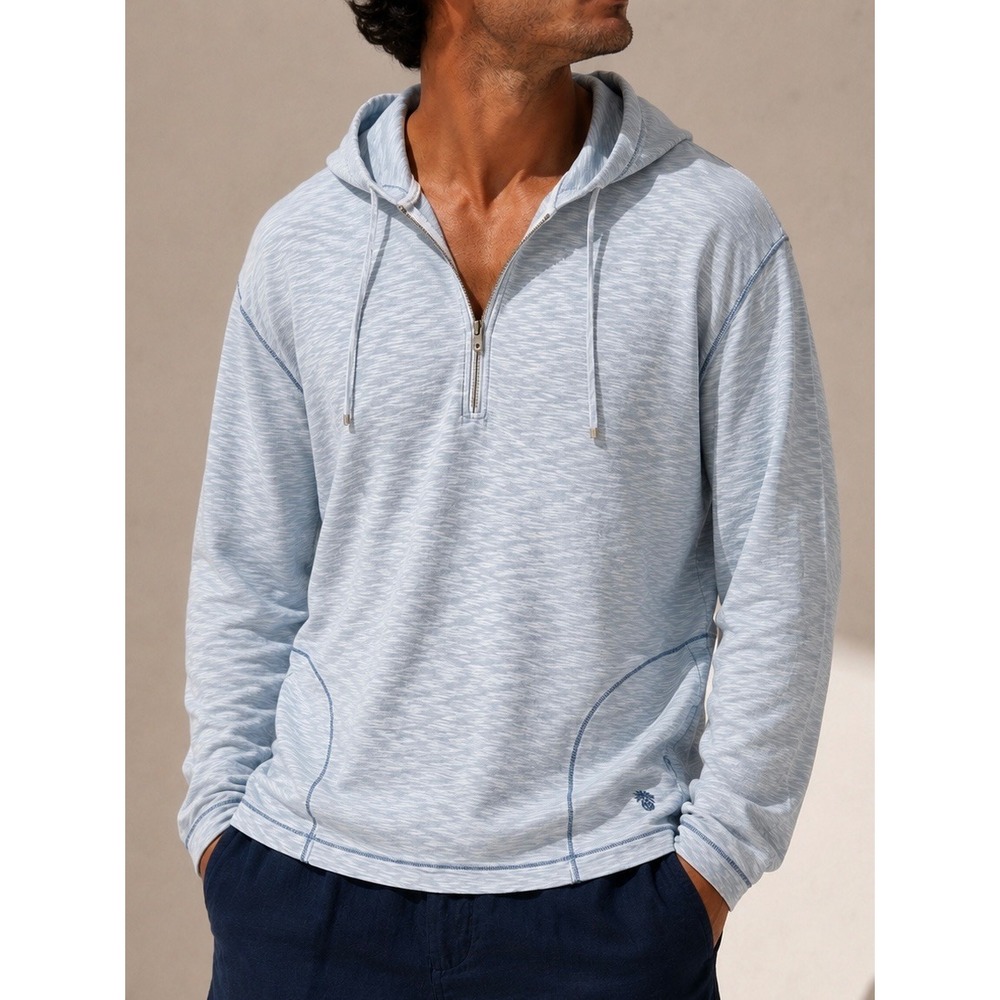 Tommy Bahama Womens Blue Slub Knit Quarter Zip Hoodie Pullover Size Medium